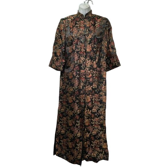 Peony Chinese Flower Blossom Tree Satin Dressing Gown Robe Dress Vintage size 34 - Picture 1 of 7